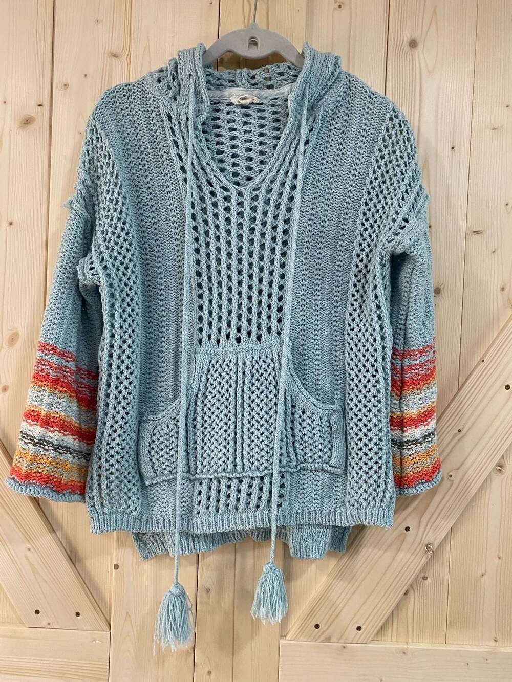 POL Open Knit Crochet Hooded Sweater Light Blue Stripe Tassels small